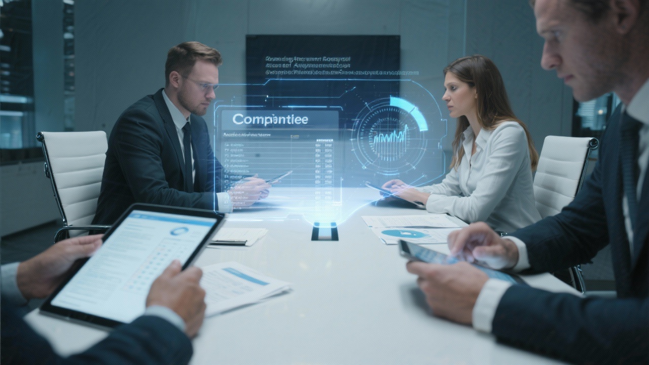 Compliance specialists auditing regulatory documentation, assurance checklists, and cybersecurity protocols across tablets and holographic charts while seated in structured meeting space.