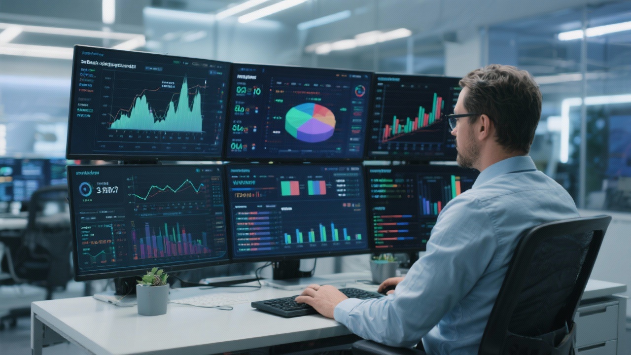 Detailed financial analyst working on multi-screen quantitative trading workstation displaying predictive models, volatility surfaces, and portfolio performance indicators inside contemporary corporate innovation lab.