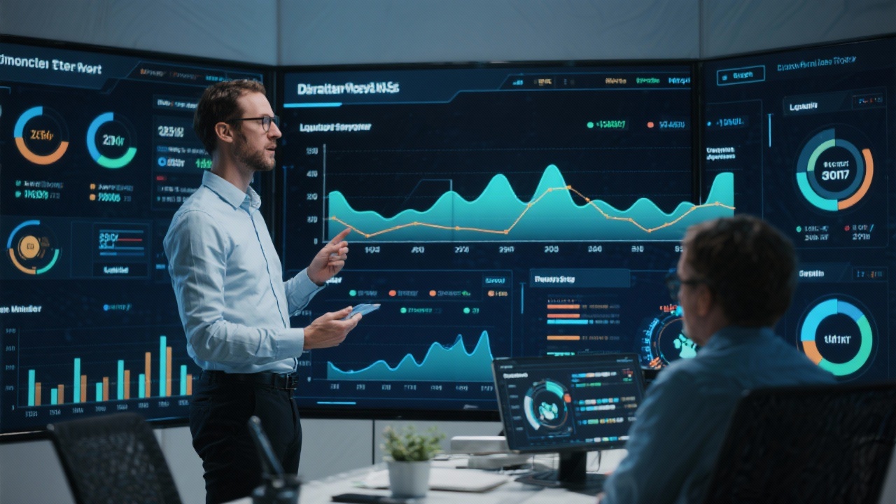 Data scientist presenting interactive performance metrics, liquidity spread histograms, and predictive maintenance indicators on immersive dashboard inside digitally transformed financial operations war room.