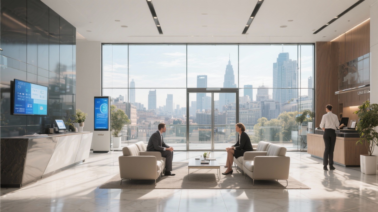 Modern Milan office lobby with glass walls, city views, and premium seating where clients receive confidential briefings supported by digital signage and concierge services.