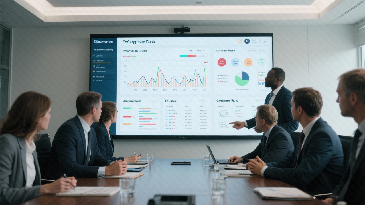 Executive team reviewing enterprise risk dashboards with control charts, regulatory thresholds, and contingency plans projected onto panoramic display during governance workshop inside corporate boardroom.