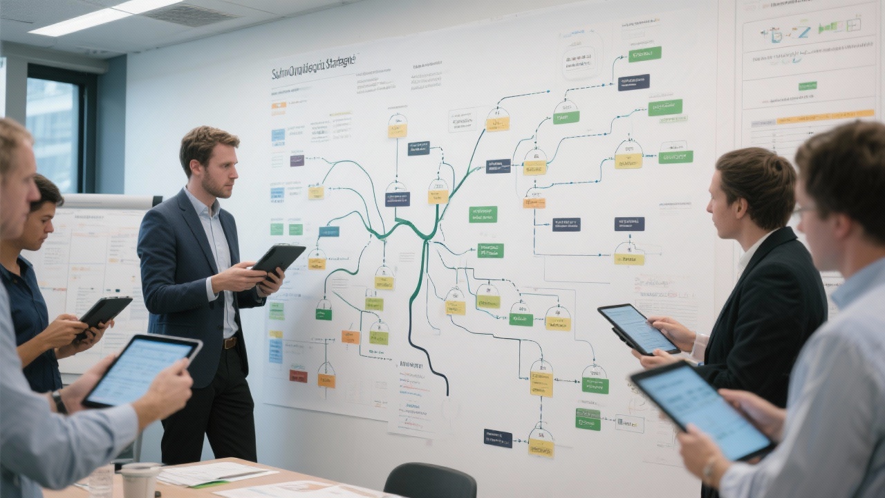 Quantitative strategists mapping decision trees, scenario cascades, and factor sensitivities on wall-sized visualization aided by collaborative tablets during strategic planning sprint.